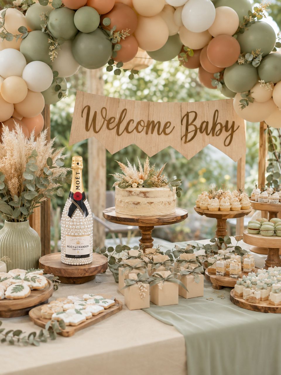 Pearl-covered champagne bottle on a baby shower table with a Welcome Baby banner, a cake and sage and peach balloons