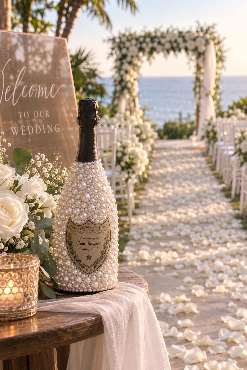 Champagne bottle covered in hand-set ivory pearls of mixed sizes, beside white roses at the end of a petal-strewn wedding aisle overlooking the sea