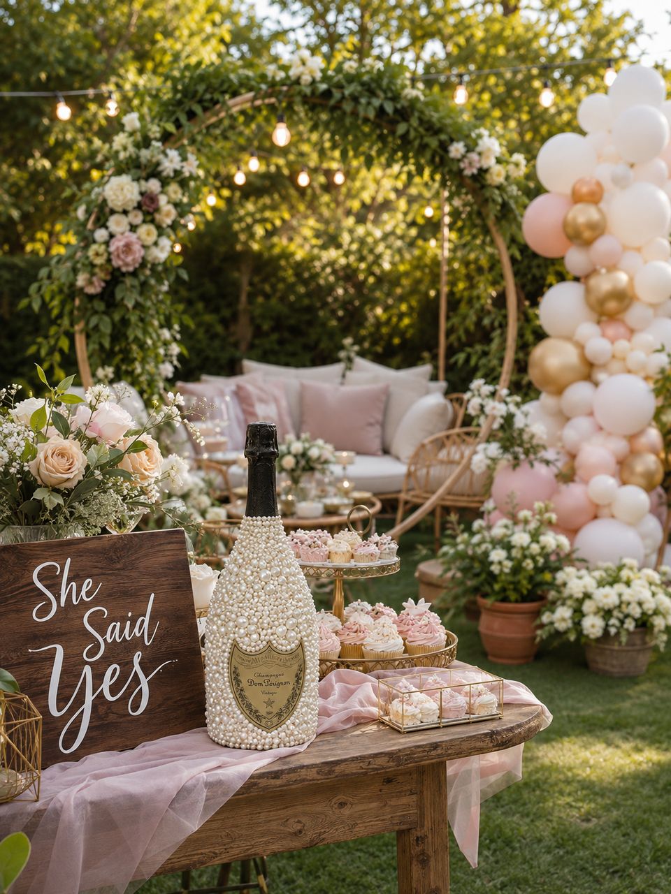 Pearl-covered champagne bottle beside a She Said Yes sign, cupcakes and a pastel balloon garland in a garden