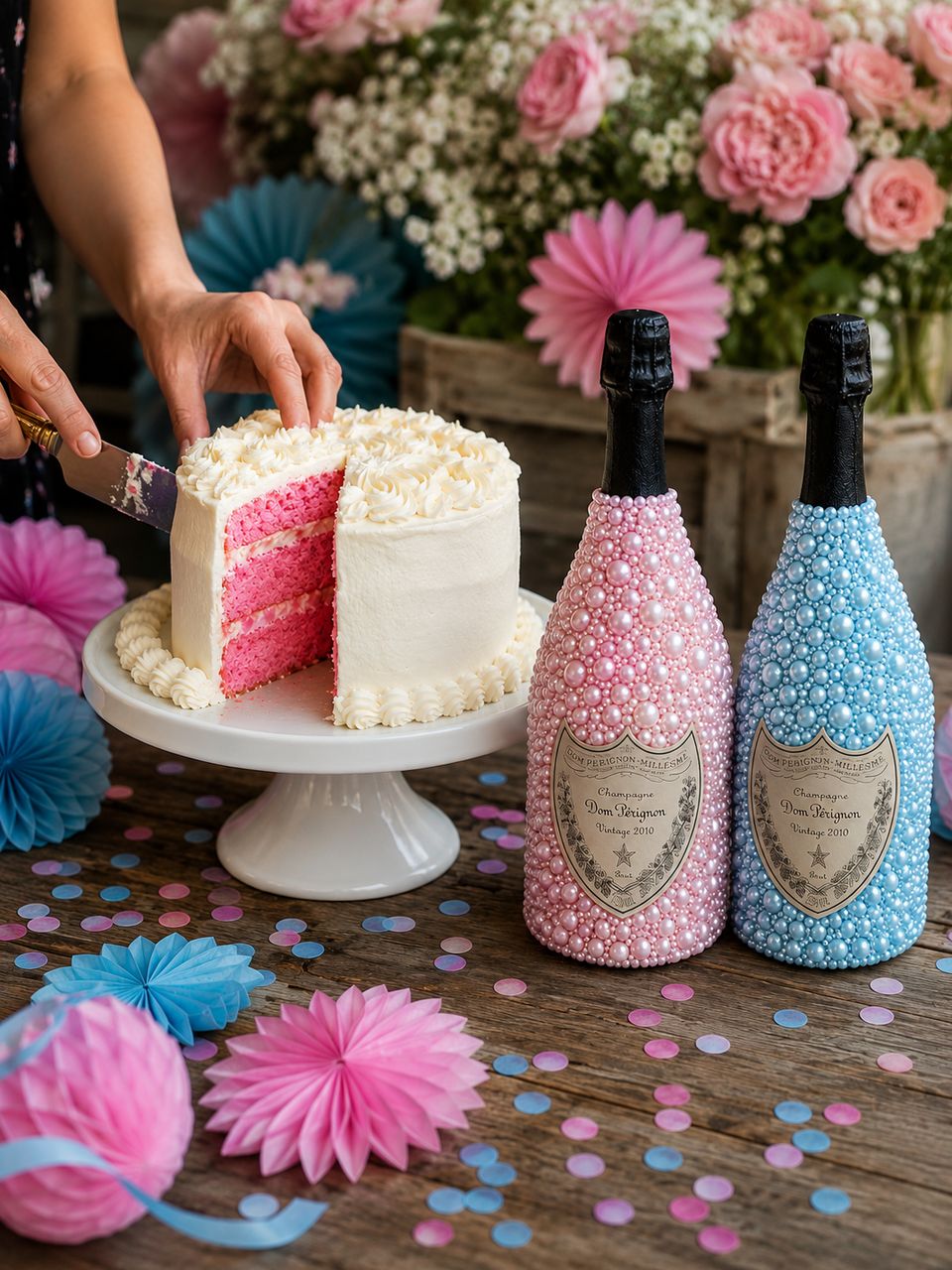 A pair of identical champagne bottles, one covered in pink pearls and one in blue pearls, beside a cake cut open to reveal pink layers
