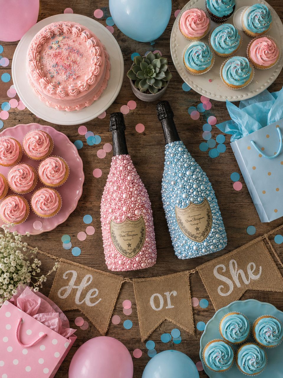 Overhead view of a pink pearl bottle and a blue pearl bottle among pink and blue cupcakes, a cake and a He or She banner