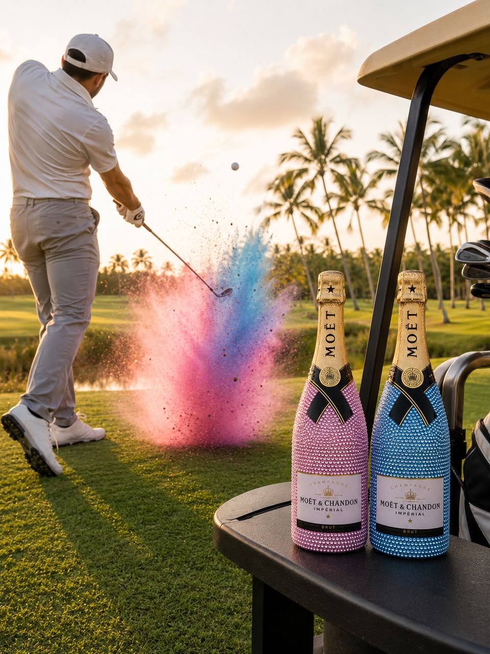Pink crystal and blue crystal champagne bottles on a golf cart while a golfer, seen from behind, sends up a burst of pink and blue powder