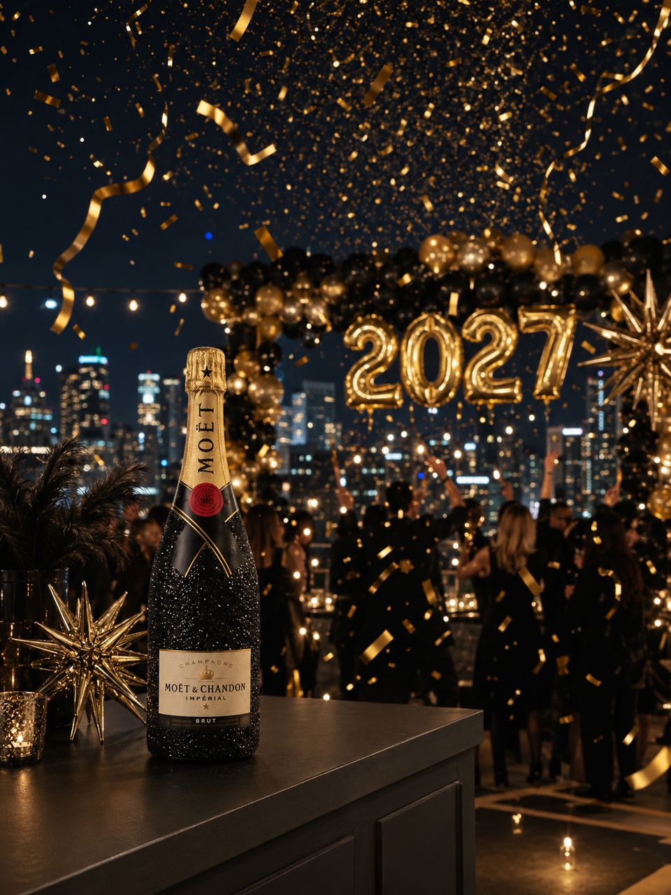 Champagne bottle in fine black glitter on a rooftop bar at a New Year's Eve party, gold confetti falling over blurred guests seen from behind