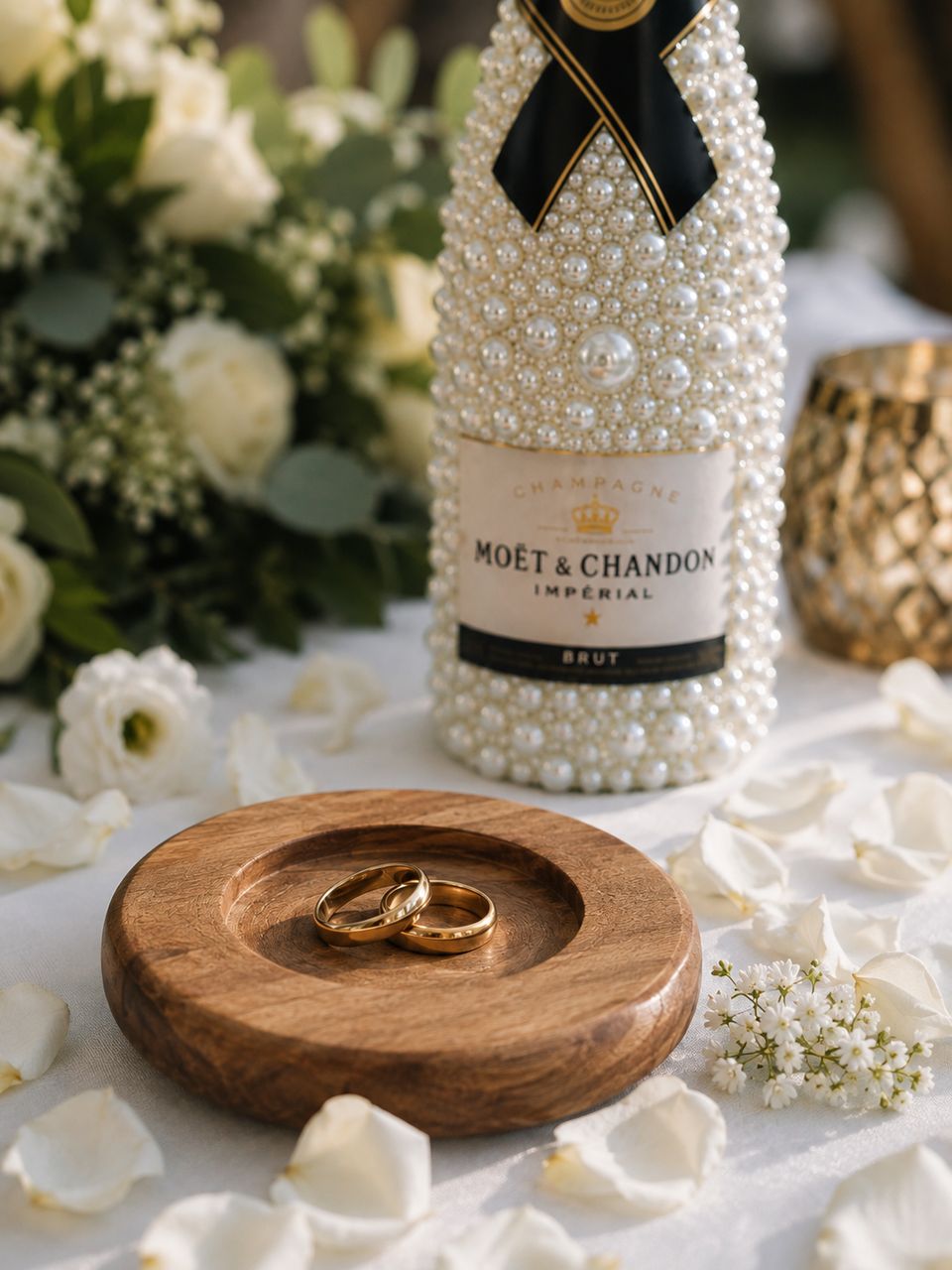 Close-up of ivory pearls in three sizes set by hand around a champagne label, with two gold wedding rings on a wooden dish