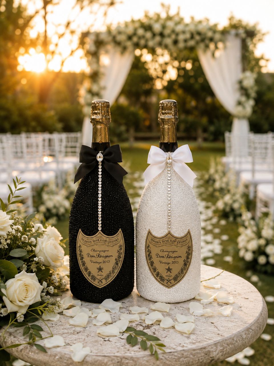 Two champagne bottles for a bride and groom at a garden ceremony: one in black with a black satin bow, one in white with a white bow, each with a crystal drop