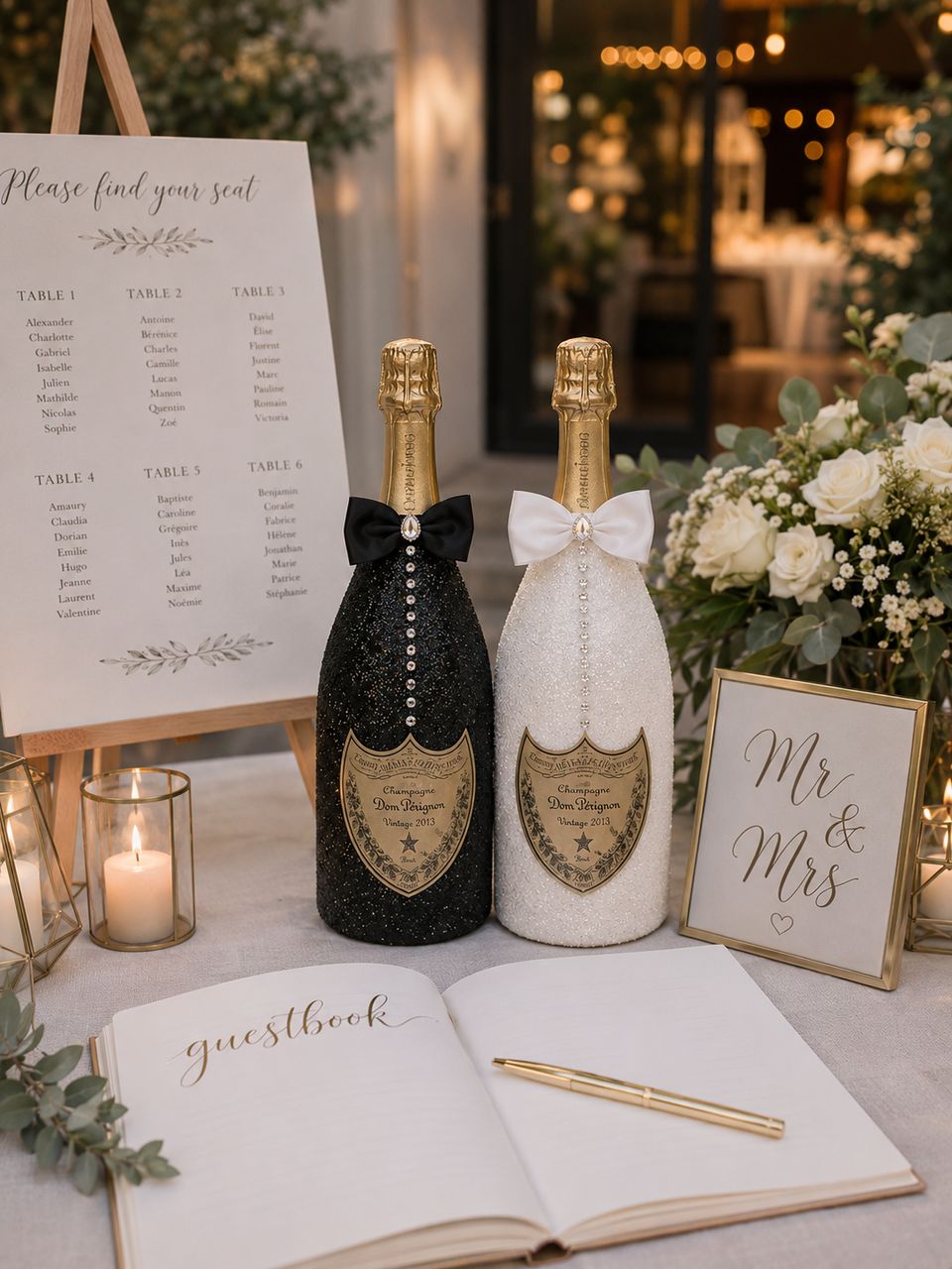 Black and white champagne bottles with satin bows on a wedding welcome table, next to a seating plan, a guest book and a Mr and Mrs sign