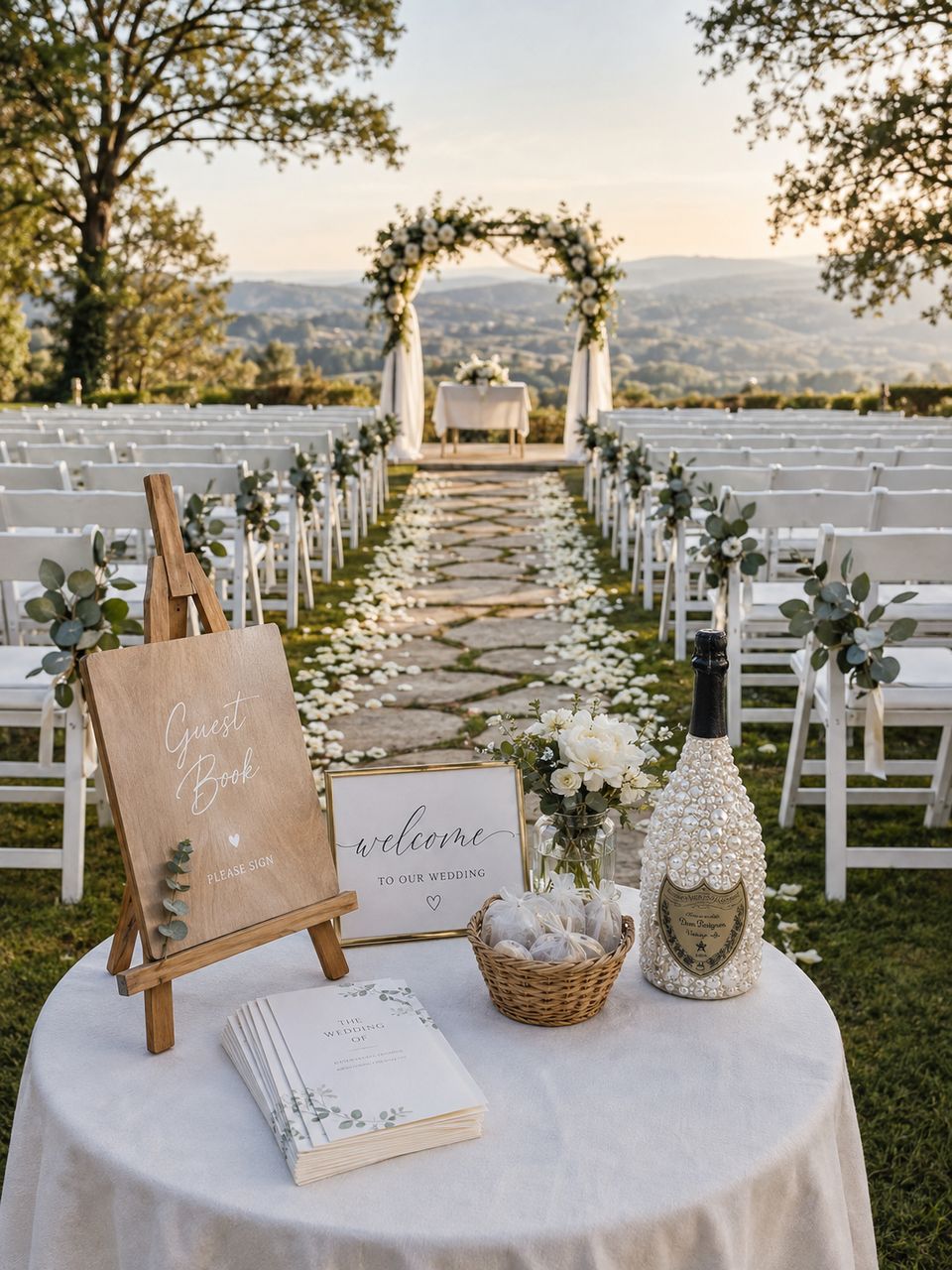 Pearl-covered champagne bottle on a white welcome table with a guest book sign, facing rows of white chairs and a floral wedding arch at sunset